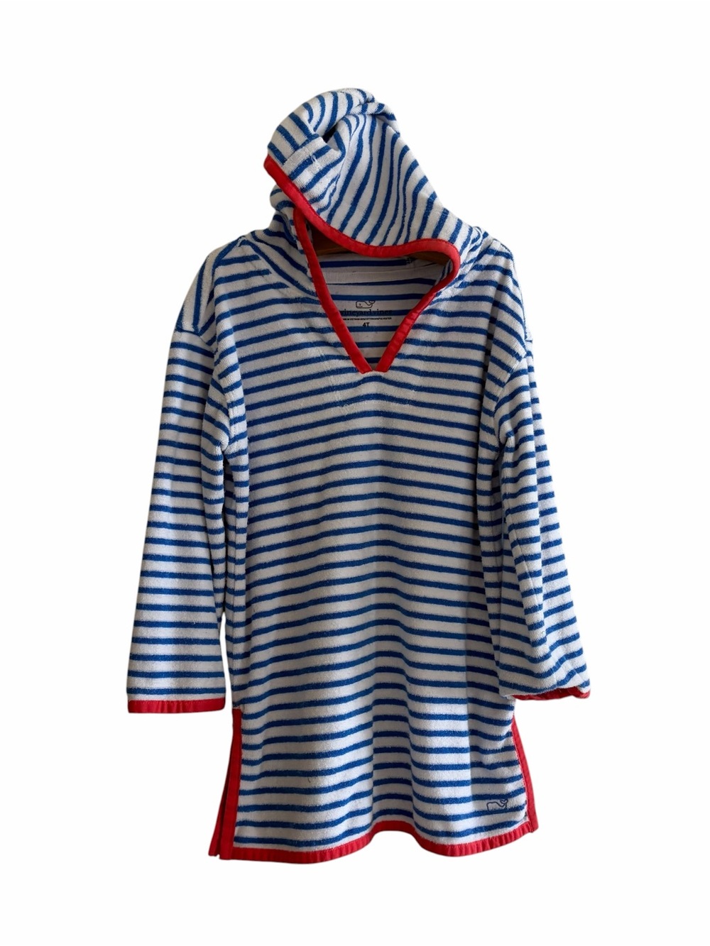 Vineyard Vines Boys Hooded Blue & White Striped Swim Coverup with Red Trim